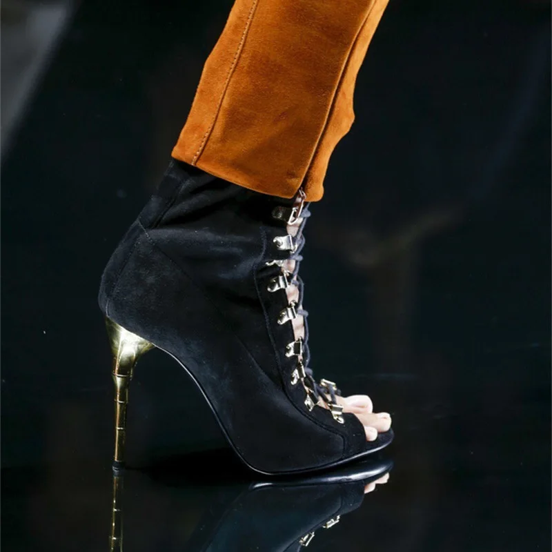 Enmayla/летние сапоги пикантные сандалии-гладиаторы на тонком высоком каблуке женские Вечерние кожаные сапоги в римском стиле с открытым носком черного цвета, размер 43 черная замша