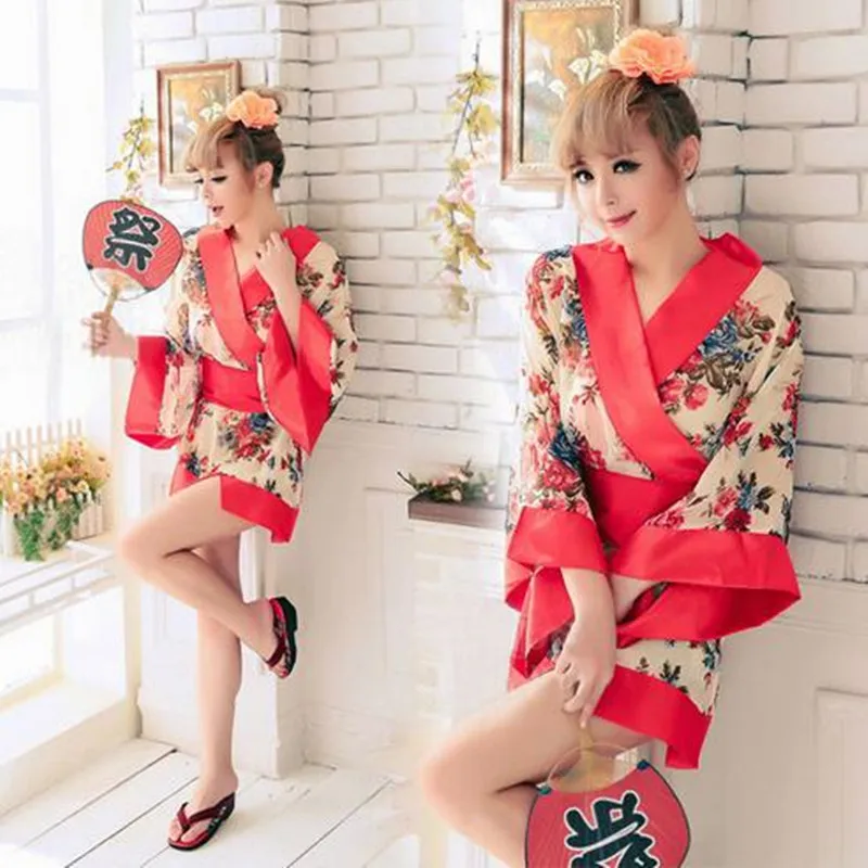 2018 New Japanese Apricot Kimono Red Purple Maid Sexy Lingerie Uniform ...