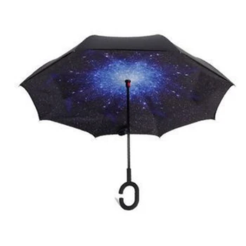 

Blue Sky Reverse Folding Double Layer Inverted Umbrella Self Stand Inside Out Rain Protection Long C-Hook Hands For Car