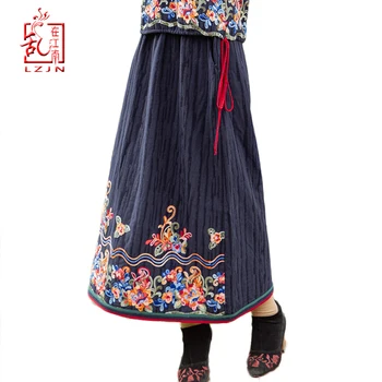 

LZJN Original Lady Long Skirt Elastic Waistband Big Hem A-Line Vintage Jupe Longue 2019 Summer Maxi Embroidery Skirts for Women