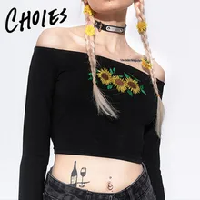 Черная хлопковая футболка с длинными рукавами и вышивкой подсолнуха, Женский корсет узкий короткий хлопковый укороченный топ, футболка