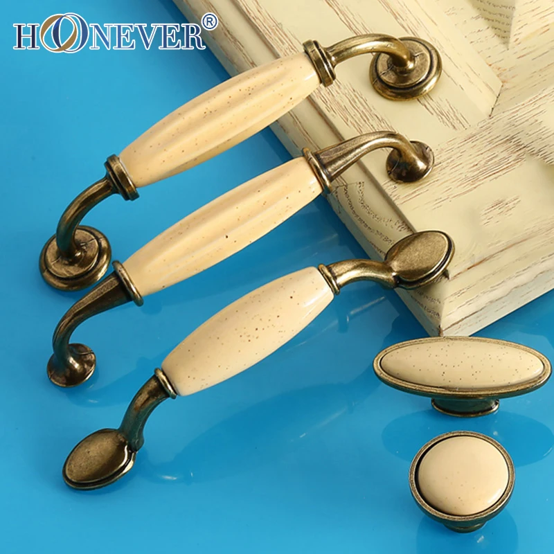 5pcs Beige Ceramic Door Handles Antique Furniture Knobs and Handles for