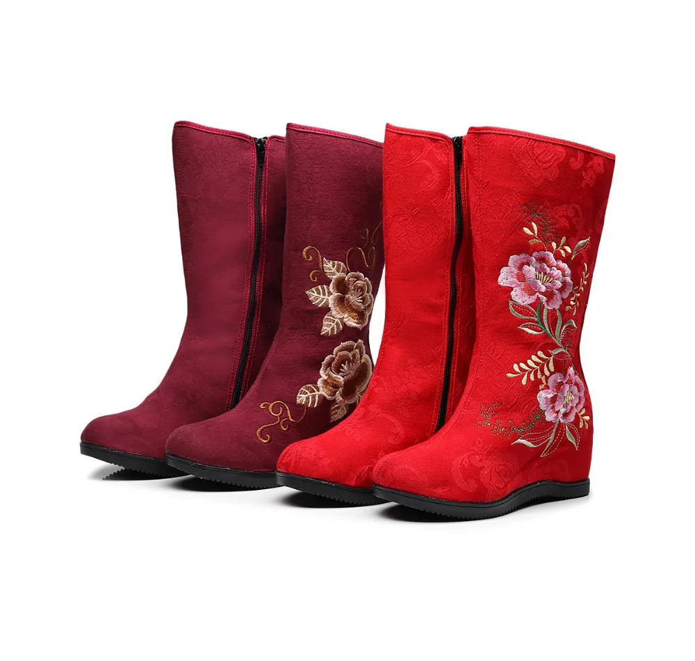 Veowalk/осенние женские сапоги до середины икры из искусственной замши Удобная Осенняя женская обувь на скрытой танкетке с китайской вышивкой Женские ботинки