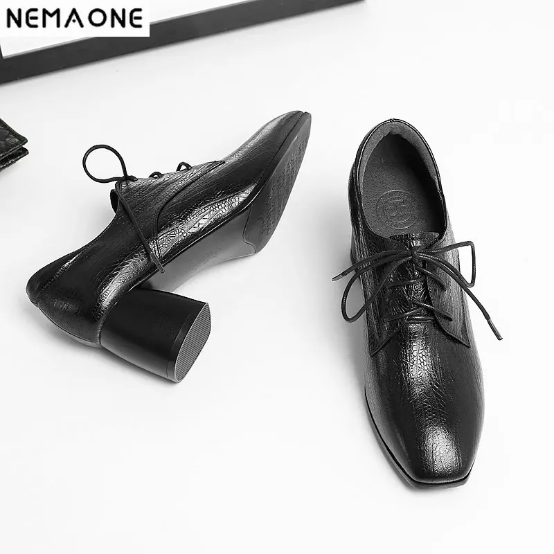 

NNEMAONE 2019 New Spring Autumn High-Heeled Shoes Woman Genuine Leather Sexy Thick Heels Platform Pumps square Toe Prom Shoes