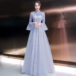 2019 Весна воротник стойка Вечеринка платье элегантный для женщин Полная длина Qipao Сексуальная Flare рукавом Cheongsam большой размеры XXXL