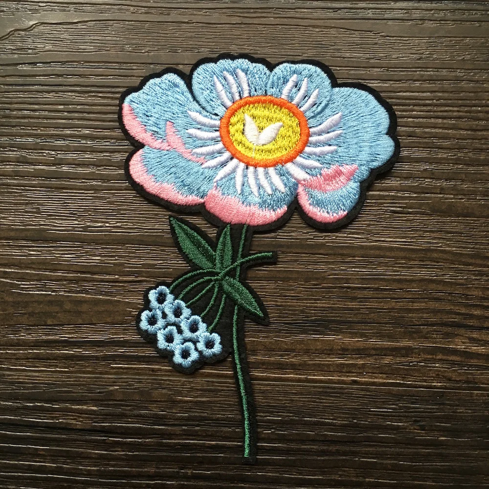 1Piece Light Blue Flowers Embroidered Patches for Clothes Iron on