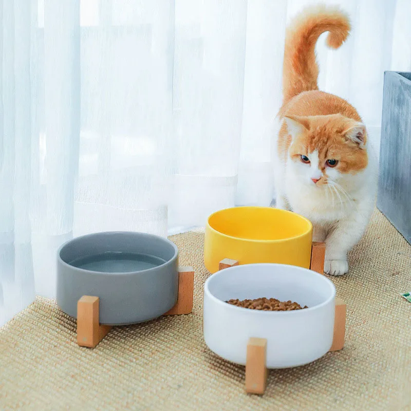 

Premium Matte Ceramic Cat Bowl with Removable Elevated Bamboo Shelf Pet Dog Puppy Kitten Cat Feeding Bowls for Water or Food