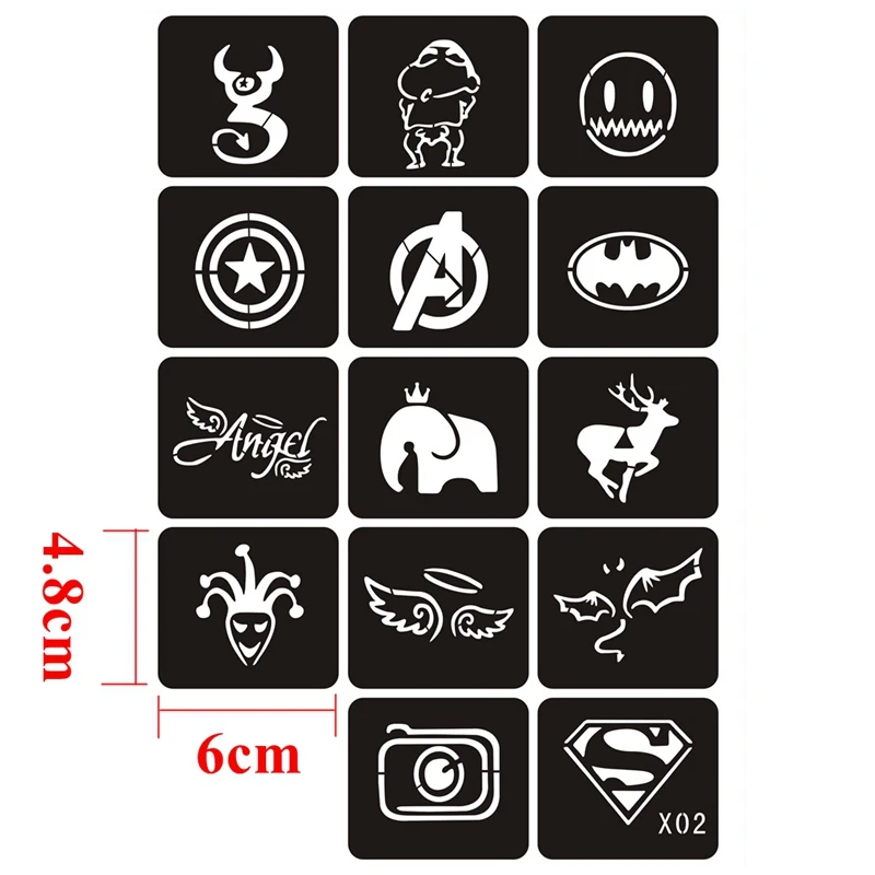 15pcs Glitter Tattoo Stencils Woman Girl Kids Drawing Template,Small Wings Bats Super Cartoon Airbrush Tattoo Stencil 6*4.8cm X2