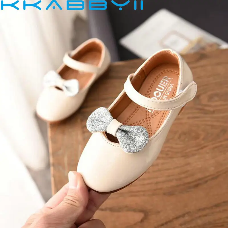 New Children PU Leather Shoes Baby Girls Bow Princess Wedding Flats Sneakers Kids School Dress