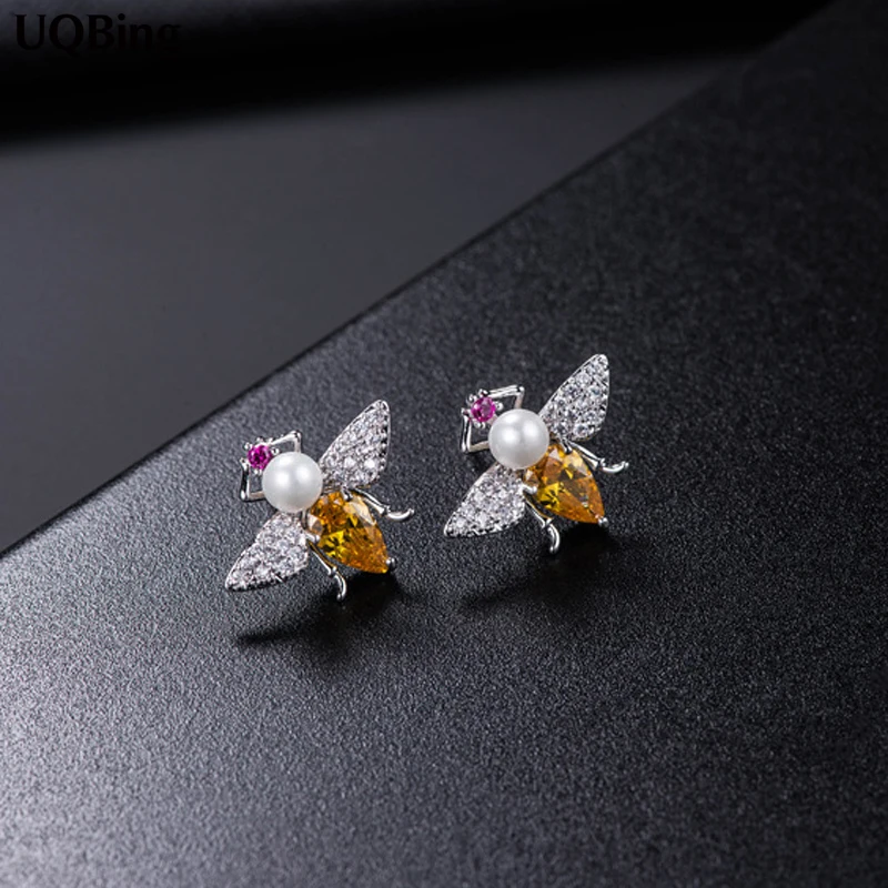 

925 Sterling Silver Bee Pearl Stud Earrings Jewelry Pendientes Brincos