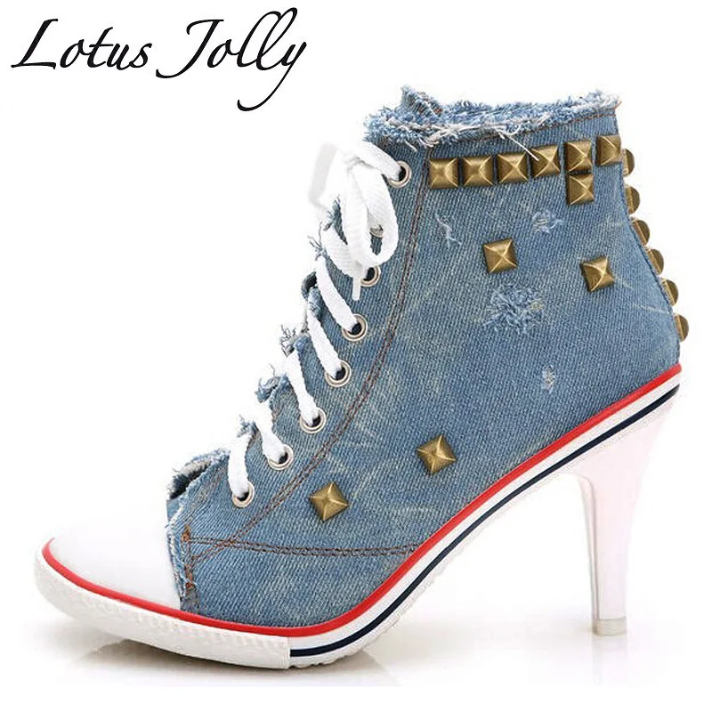 Lotus Jolly women Pumps high heel shoes casual denim rivet sexy fashion lace up Shoes woman Frayed martin ankle Zapatos Mujer