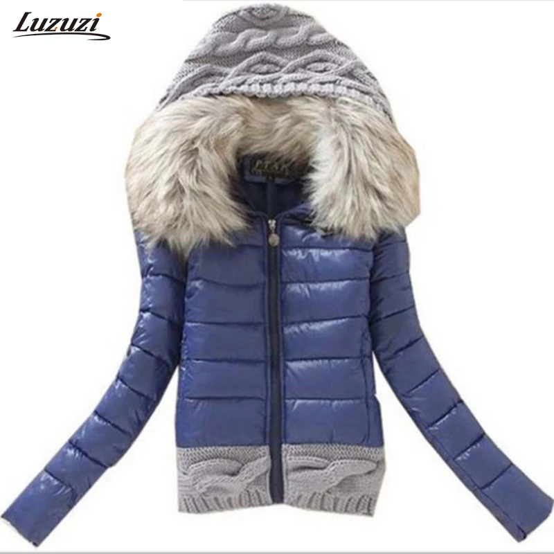

1PC Winter Jacket Women Winter Coat Cotton Padded Short Jackets Knitted Hood Fur Collar Chaquetas Mujer Jaqueta Feminina Z005