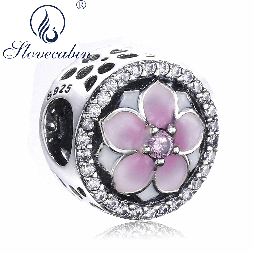 

Slovecabin Authentic 925 Sterling Silver Magnolia Bloom Bead Charm With CZ Fit Pure Charms Bracelets DIY For Jewelry Making