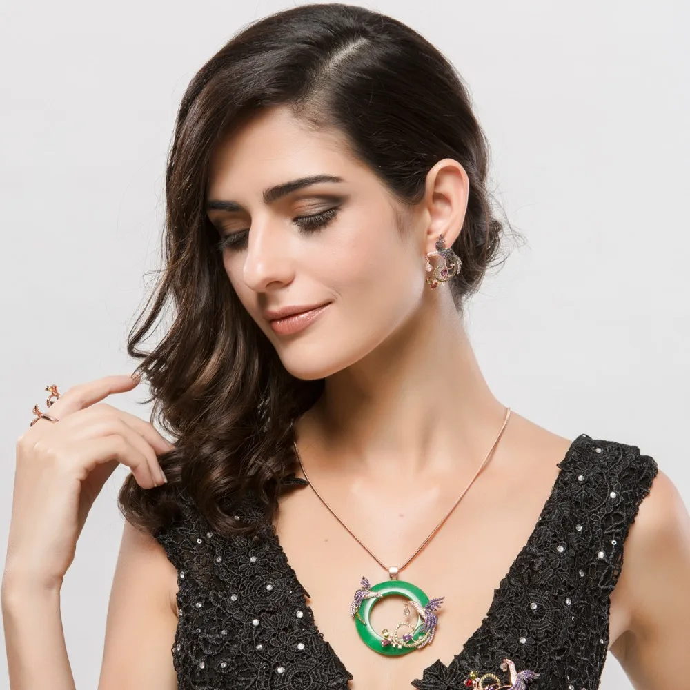 LUOTEEMI New Design Atmosphere Elegant Big Round CZ Pendant with Mirco 2pcs Multi Phoenix Zircon Jewelry Rose&White Gold Color