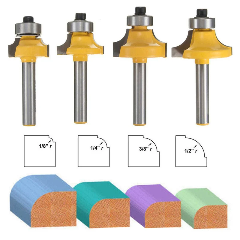 

4Pcs 1/4" Shank Milling Cutter Woodworking Tools Round Router Bit Set Radius Wood Cutter Tools