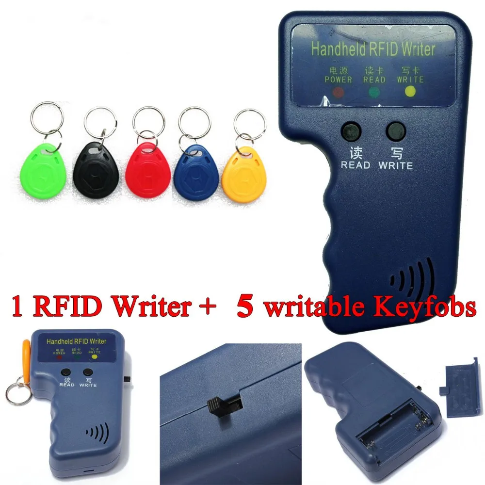 

Handheld 125KHz EM4100 RFID Copier Writer Duplicator Programmer Reader + 5 Pcs EM4305 T5577 Rewritable ID Keyfobs Tags Card