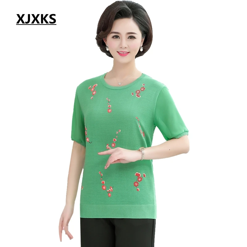 

XJXKS 2019 New Women Print Casual Knitting T-shirt Summer Plus Size Women O Neck Short Sleeve Thin Vintage Loose Tee Shirt