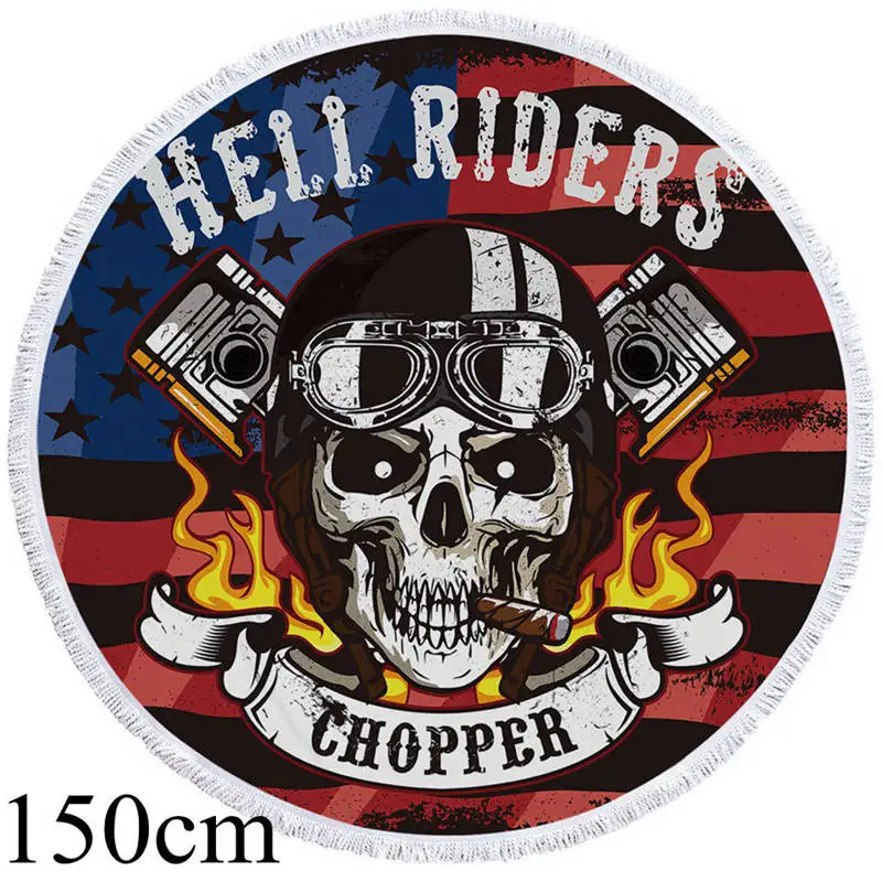 Towel 150cm Постельное белье Outlet Fire Skull большое круглое пляжное полотенце из микрофибры Toalla Hell Rider Коврик для йоги Chopper принт готическое пляжное банное одеяло - Color: Towel 150cm
