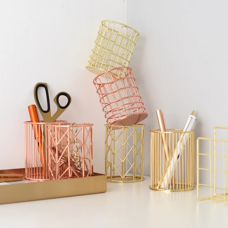 Nordic Golden Wrought Iron Pen Holder Desktop Storage Tank Makeup Tool Tube Office Supplies Box | Дом и сад