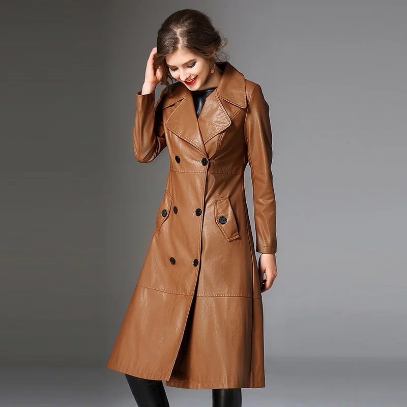 Double vert camel 2017 Lady Hiver Manteau Noir Longue Femelle Femmes Survêtement Cuir Vestes Style Faux Punk Veste Biker Frais Boutonnage Pu Nouveau 1fnB81xS