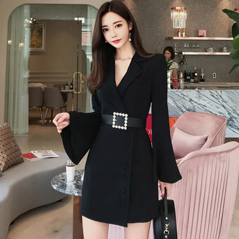 

Flare Sleeve Elegant Fashion Suits Dress Women 2019 Winter Sashes Belt Waist Pencil Dresses New Business OL Vestidos Coat