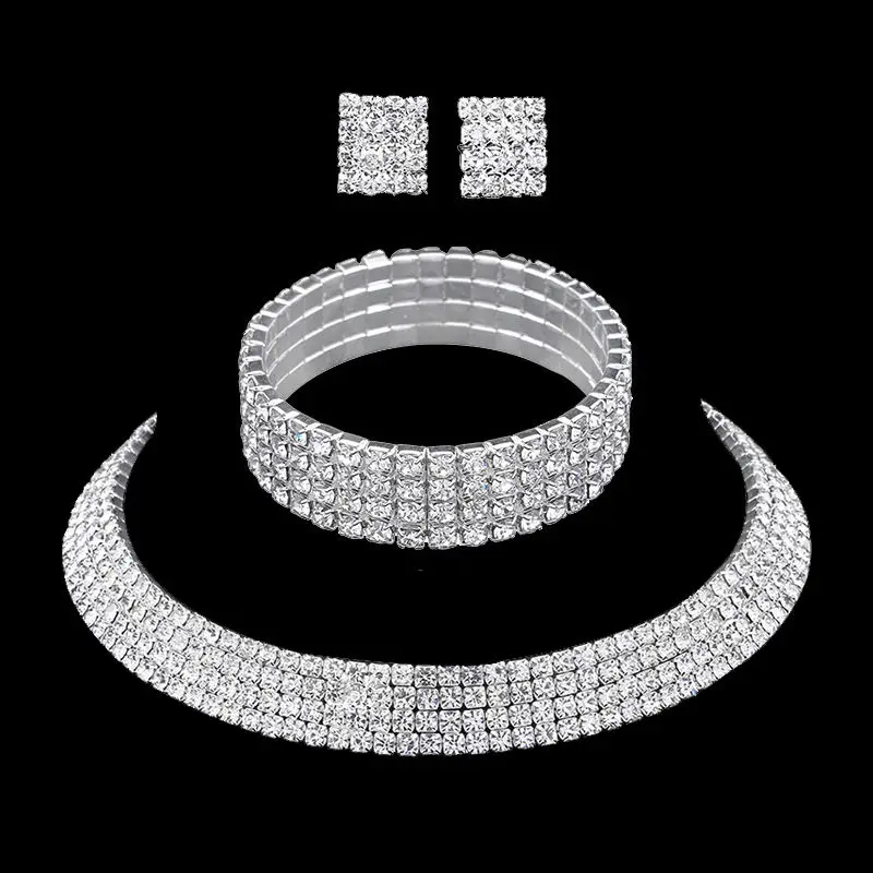 

Crystal Wedding Bridal Silver Plated Jewelry Sets Necklace Earrings Bracelet Jewelry Adornment for Women