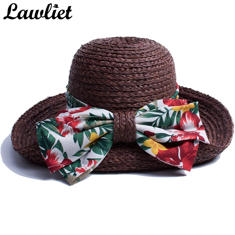 Women Sun Hats Tropical Hawaii Style Ribbon Wide Brim Raffia Straw Hats