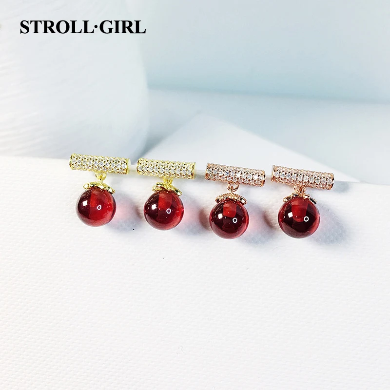 

StrollGirl 925 sterling silver vintage Red Stone Earrings Rose Gold CZ Red Stone earrings Stud For Women 2019 Fashion Jewelry