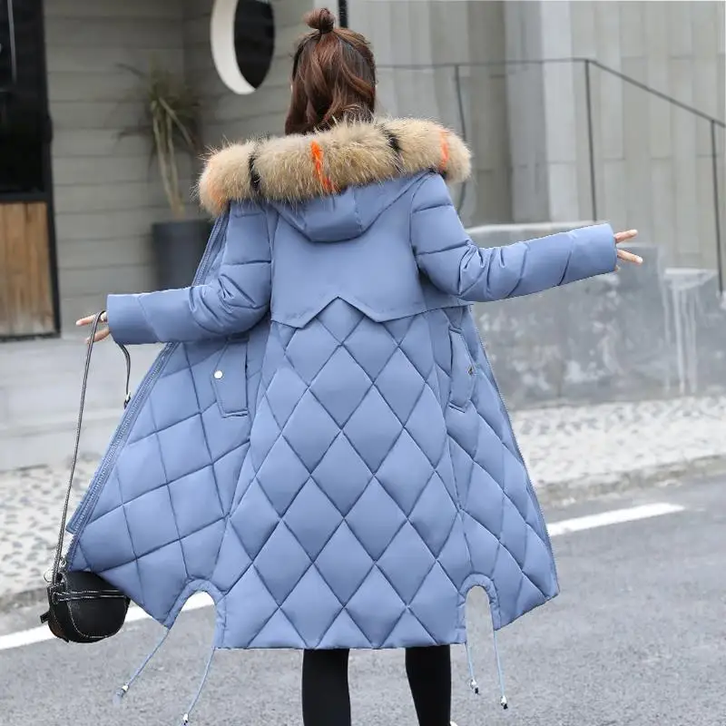 

2019 Winter Blast Medium Long Cotton Lady with cap large pocket large size down cotton dress women