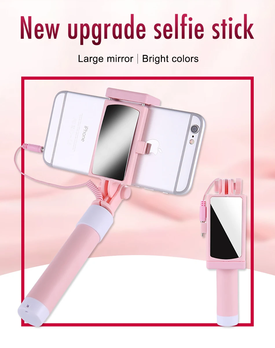 !ACCEZZ Mini Wired Selfie Stick IOS For iPhone X XR XS MAX 8 7 6 For Huawei Samsung Monopod Foldable Portable Selfiestick Mirror (1)