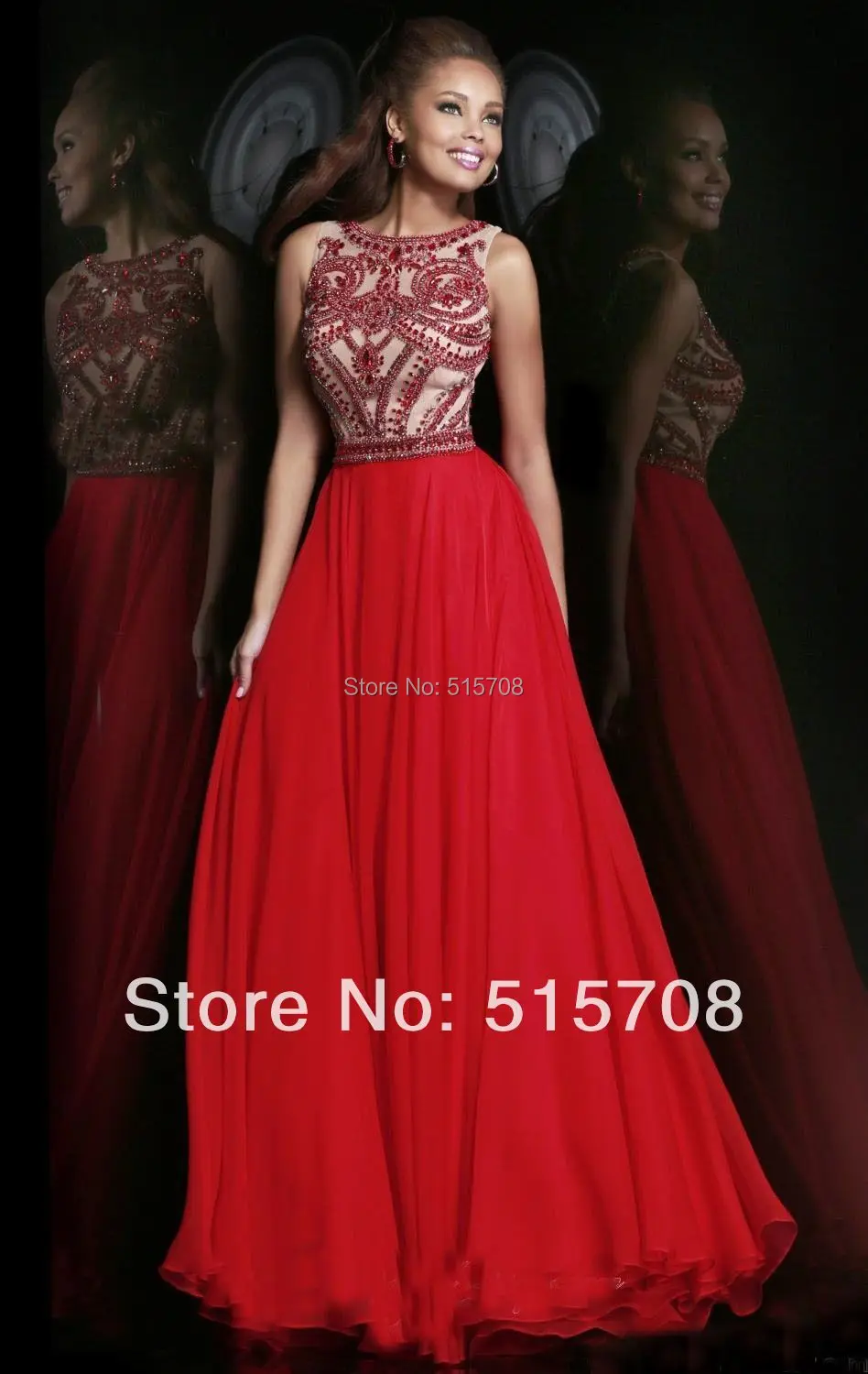 

New Arrival Scoop Beadings Red Prom Gowns Chiffon Long Formal Evening Dresses Hot Sale Custom Make