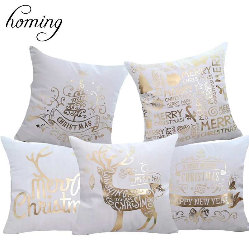 

Homing Merry Christmas Bronzing Cushion Covers Polyester Cotton Xmas Letter Printed Home Decor Pillows Cover Case Deer Snowman