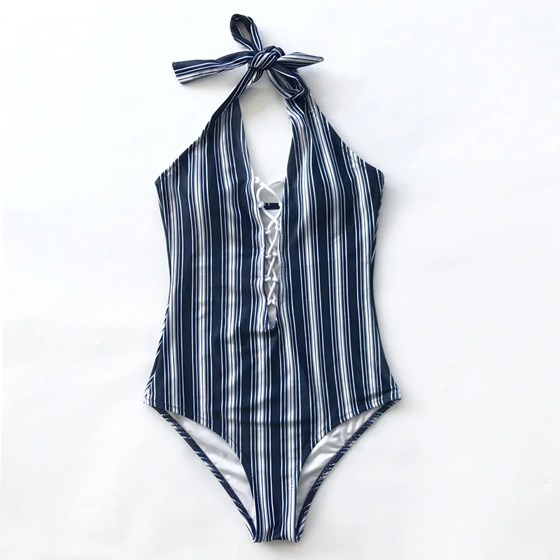 Cupshe She Is Mature Halter One piece Swimsuit Stripe Lace Up Bikini