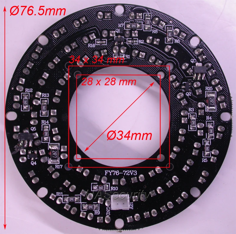 Infrared 850nm 72x (5mm bulb) IR LED board for camera module (diameter outer : 76.5mm / inner 34mm)