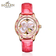 SOLLEN brand Flowers Women Watches New casual Waterproof Wristwatch red ruby Automatic Mechanical Ladies Watch montres