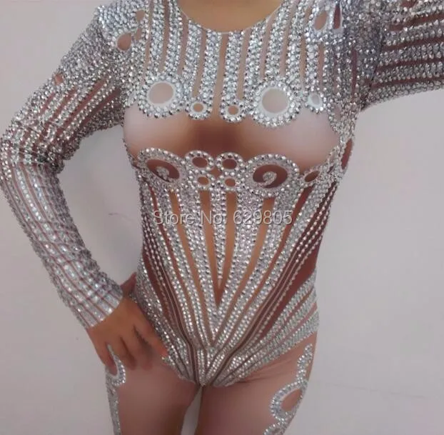 Сексуальные полностью Серебряные Кристаллы сверкающие Комбинезоны Боди для ночного клуба кристаллы комбидрессы телесного цвета наряд певицы танцевальная одежда