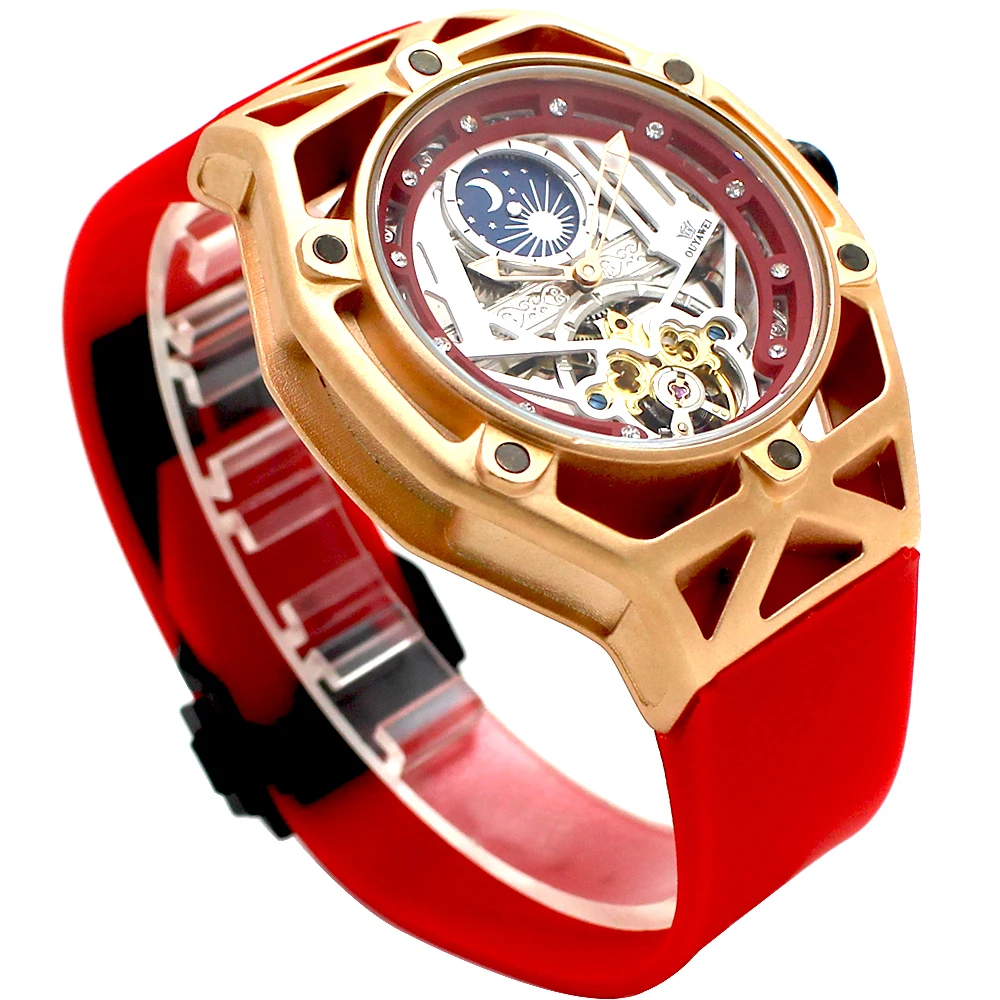 OUYAWEI Zegarek Meski الرجال الميكانيكية ووتش التلقائي توربيون الرياضية السيليكا هلام Montre أوم القمر المرحلة الأزياء الساعات Reloj