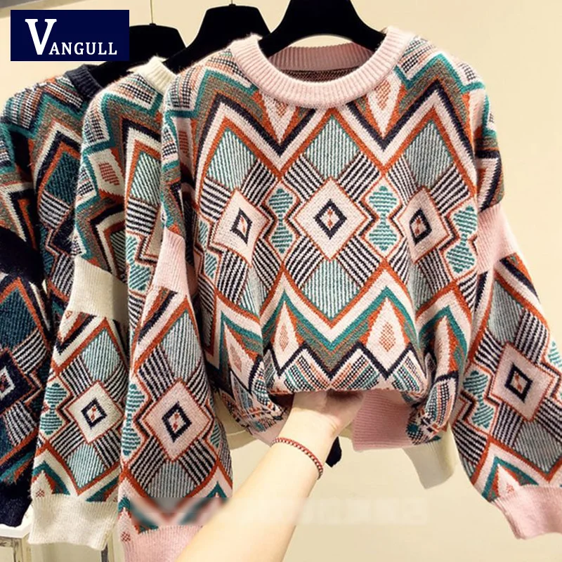 

VANGULL High Quality Geometric Embroidery Sweater Spring Autumn Loose Knitted Sweater Pullover Women O-Neck Sweater Female Tops