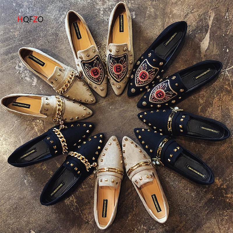 

HQFZO Mules Shoes Woman Loafers Buckle Chain Rivet Pointed Toe Casual Female Slip- On Shoes Woman Soft Autumn Mujer 2018