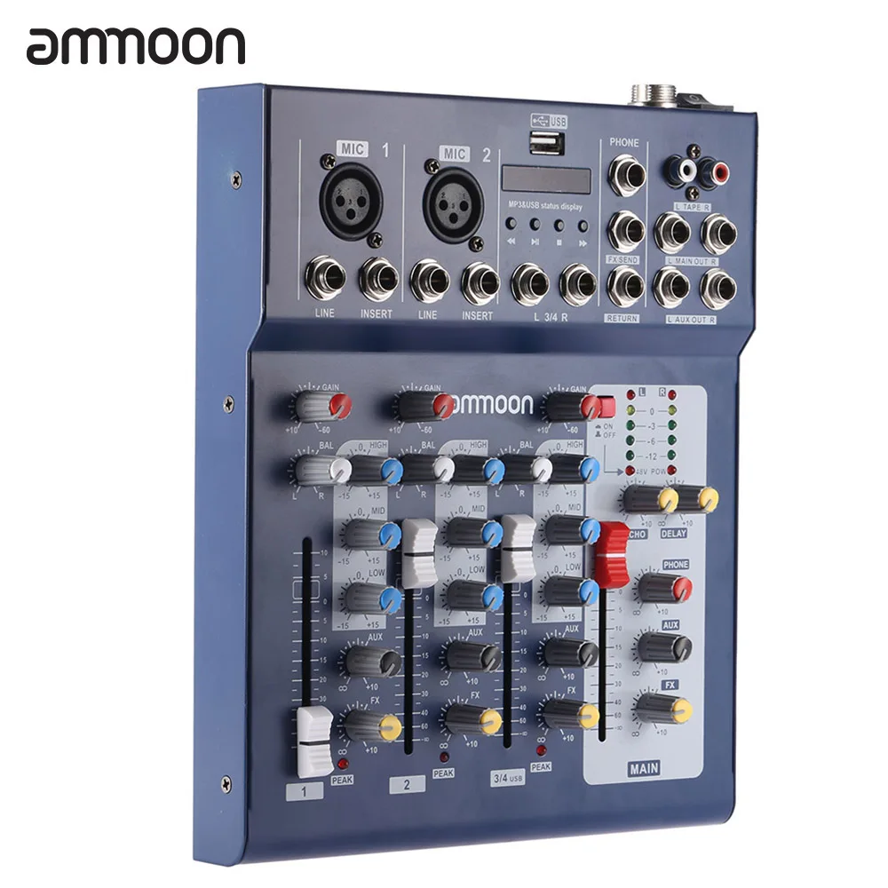 Ammoon F4-USB микшерный пульт 3 канала цифровой микрофон линия аудио микшер консоль с 48 В фантомное питание для записи DJ сцены