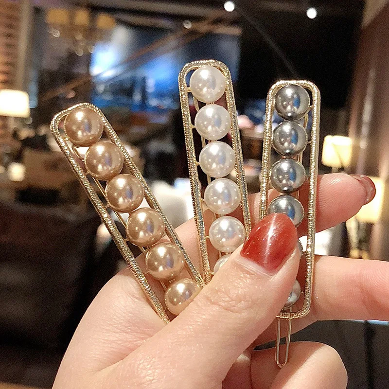 

1PC 2019 Fashion Imitiation Pearl Women Hair Clip Rectangular Barrettes Girls Geometry Flowers Hairpins Hair Styling Accessory
