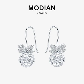 

MODIAN Hot Sale 925 Stelring Silver Radiant Clear CZ BALL Bowknot Dangle Earrings for Women Engagement Wedding Jewelry Gifts