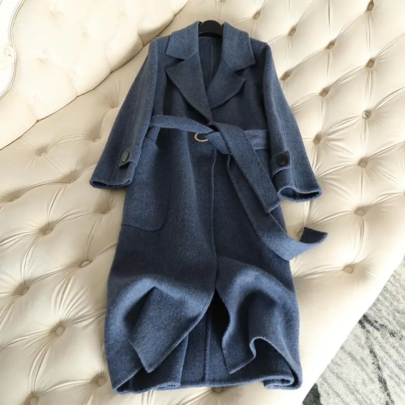 

100% Cashmere 2018 Autumn New Double Faced Cashmere Coat Alpaca Coat Women's Long Wool Coat Slim Female Overcoat Blue Jacket