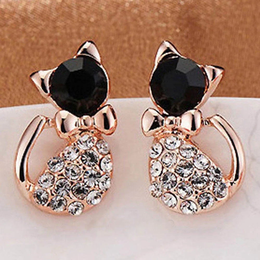 1Pair Cute Bow Black Earring Piercing Gold Color Rhinestone Crystal Cat