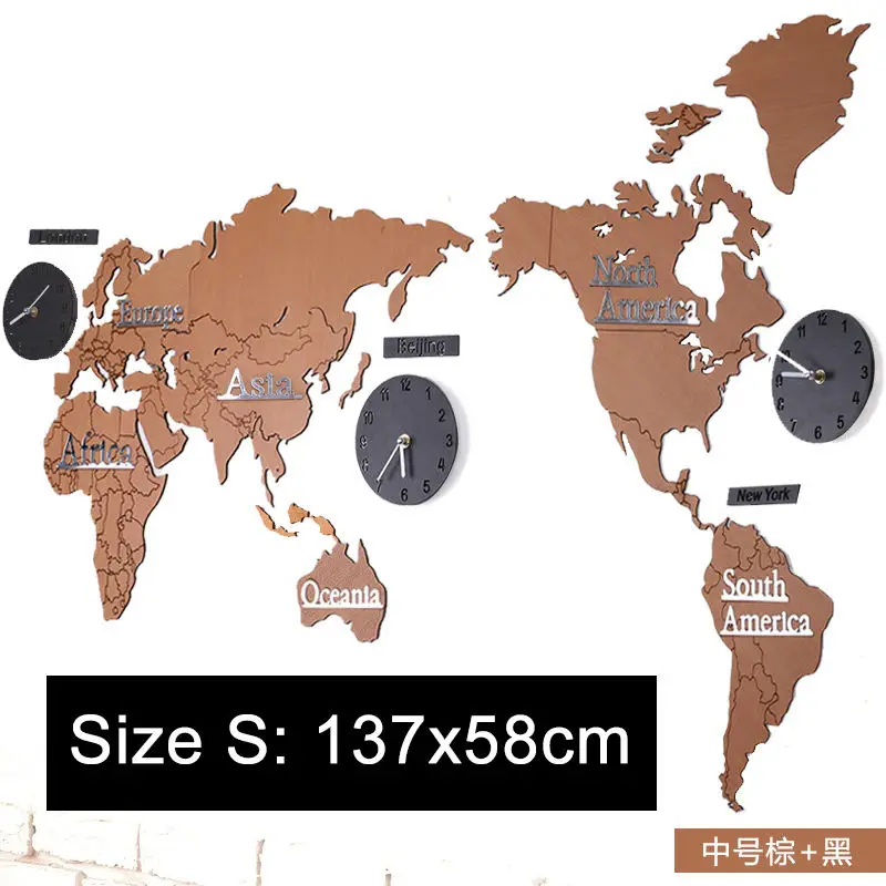 Деревянные настенные часы с картой мира, современный дизайн, Креативные 3D мировые часы-карта, настенные часы для дома, декоративные, для гостиной, большие часы - Цвет: brown and black-S