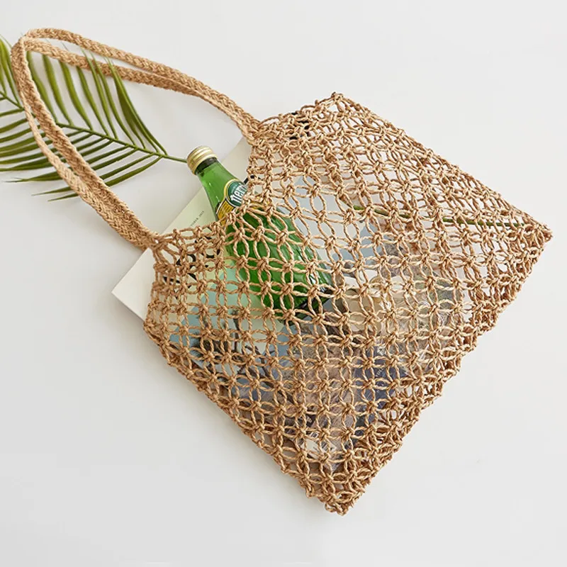 New hand-woven hollowwork straw bag paper rope grid without lining woven beach bag