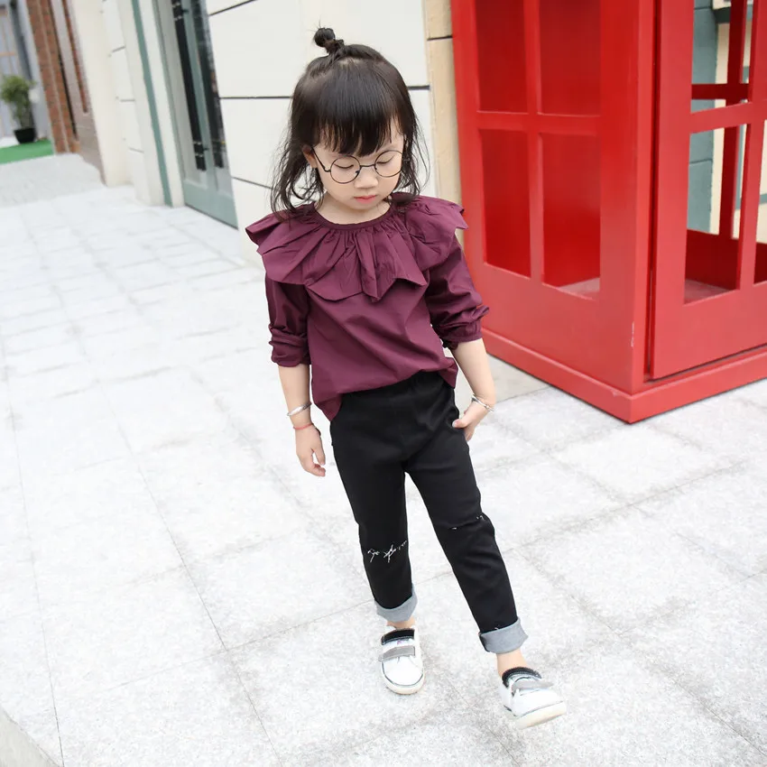 New Autumn Spring Children Burst Kids Girls Petal Collar Kids Clothing Shirts Cotton Purple