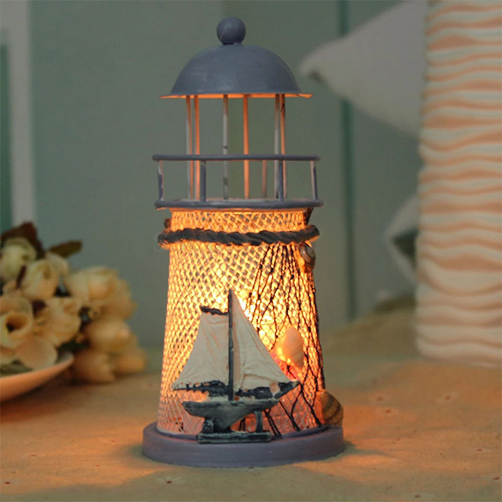 Nautical Marine Iron Tealight Holder Mediterranean Style Lighthouse Nautical Fish Net Shell Buoy Decor