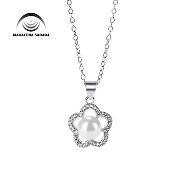 

MADALENA SARARA Flower Style AAAA Cubic Zirconia AAA 8mm Freshwater Pearl S925 Plated pendant chain Necklace Jewelry Set