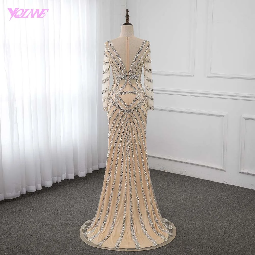 Sexy Champagne Crystal Evening Dress Long Sleeve Formal Gown Mermaid Slit Center YQLNNE Sexy Champagne Crystal Evening Dress Long Sleeve Formal Gown Mermaid Slit Center YQLNNE